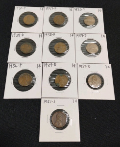 (10) Assorted Lincoln Whaet Pennies from 1930-P to 1951-S/D