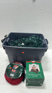 Large Bin of Various Christmas Lights, (3) Small Christmas Light Storage Reel with Storage Bag, (1) Musical Christmas Snow Globe (5000)