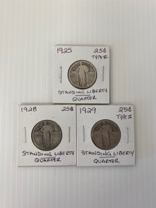 (3) Standing Liberty Quarters 1925, 1928, 1929