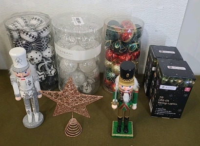 (2) Nutcrackers, 12" Tall, (1) Wire Star Tree Topper, Gold, (3) Containers Of Ball Ornaments & (2) 19-Foot Strings Of LED Lights