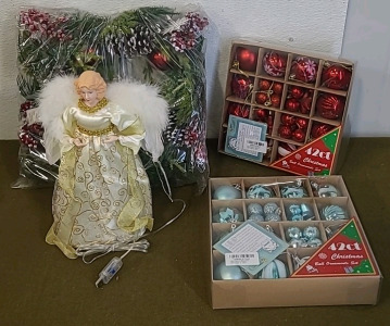 (1) Angel, Lighted Christmas Tree Topper, Gold, (1) Artificial Wreath, (2) 42-Count Ball Ornament Sets, & (1) Stocking Hook Set