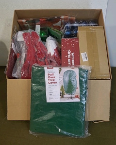 (1) Pull Over Christmas Tree Cover & (1) Box Of Assorted Christmas Decor