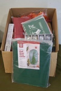 (1) Pull Over Christmas Tree Cover & (1) Box Of Assorted Christmas Decor