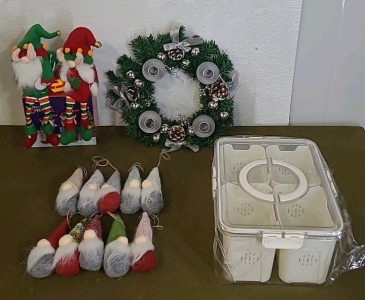 (2) Christmas Gnomes, (10) Gnome Ornaments (1) Sealing Organizer/ Serving Tray & (1) Advent Wreath/ Candle Holder