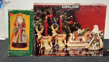 (1) Kirkland Santa And Sleigh With Candle Holders (1) Musical Santa With Wooden