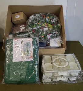 (1) Pull Over Christmas Tree Cover, (2) Sealing Organizer/ ServingTrays & (1) Box Of Assorted Christmas Decor