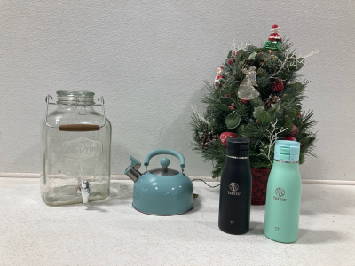 Mini Christmas Tree Home Decor, Glass Water Dispenser, Baby Blue Tea Pot, (2) Takeya Water Bottles Blue and Black