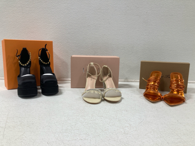 Womens Christmas Gifts, Women’s Black Heels Size 7, Women’s Tan Heels With Jewels Size 8, Women’s Orange Heels Size 9.5