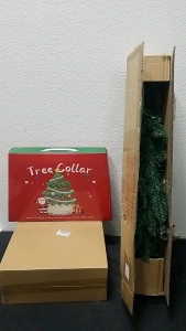 (1) Small Fake Christmas Tree (1) Tree Collar (1) Large Artifical Christmas Wreath