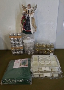 (1) Pull Over Christmas Tree Cover, (2) Sealing Organizer/ ServingTrays, (4) Containers Of Christmas Tree Decorations & (1) 17" Angel Tree Topper