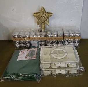 (1) Pull Over Christmas Tree Cover, (2) Sealing Organizer/ Serving Trays, (4) Containers Of Christmas Tree Decorations & (1) LED Projector, Star Tree Topper,