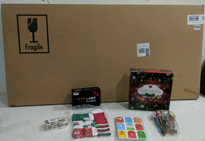 (1) Amazon Overstock Box (1) WaySoft Fleece Socks, (1) Christmas Tag Set, Holiday Pencils, (1) 60"x30" Framed Wall Art & More!! [5000]