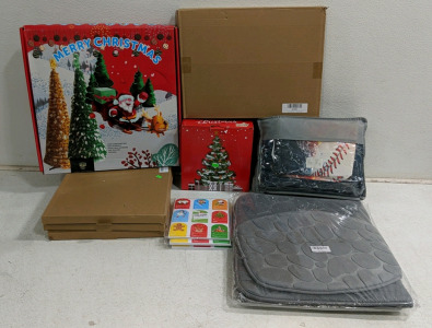 (1) Amazon Overstock Box (1) 4-Ft Christmas Tree, (1) Bathroom Rug Set, (1) Baseball Bedding Set, (1) Christmas Tag Set & More!! [5000]