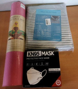 (1) 10'x12' White Shade Cloth (1) 50 Pack of KN95 Mask (1) Yoga Mat & Amazon Returns