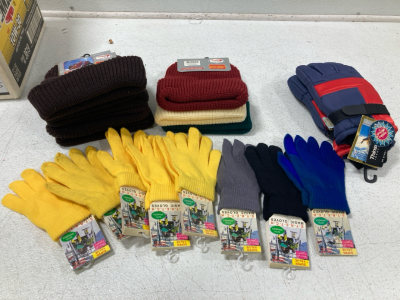 Box Full Of (8) Artie Kuit Beanies Brown, Red, White, and Green, (9) Pairs of Super Value Classic Fit Gloves, Yellow, Grey, Black, and Blue,