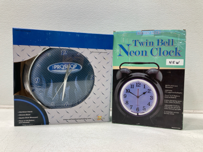 (1) Clocks, Proshop Blue Flame Clock, Twin Bell Neon Clock Black