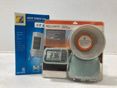 (1) Desk Tower Fan, (1) Acu Rite Wireless Rain Gauge And more!