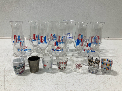 (10) Carnival Cruise Ship Glasses, (8) Assorted Shot Glasses