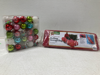 (1) EZ Storage Rolling Storage Bag, Box of assorted ornaments