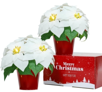 (1) NEW! HomeSeasons LED Potted Poinsettia - White - 2-Pack - 18"