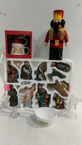 (1) Holiday Decor Set – Nativity Scene Santa Tea for One Corning Ware Bowl & Crystal Candle Holders