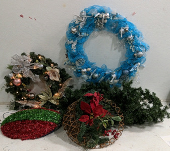 (1) Holiday Wreath & Garland Collection – Blue Mesh Wreath, Lit Floral Wreath, (3) Unlit Garland Strands & More