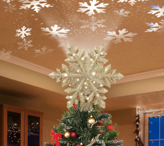 (1) DG-Direct Christmas Tree Topper Lighted with Golden Snowflake Projector, Led Rotating Magic Snowflake, 3D Hollow Glitter Lighted Gold Snow Tree Topper for Christmas Tree Decorations