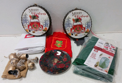 Holiday Decor, (2)Tree bag, Apron, Christmas Plate, (2) Pop Bottle Pictures, Sleigh Bells in a Bag