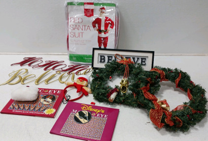 Red Santa Suit, (2) Christmas Signs, (2) Wreaths, (2) Magic Eye book And More