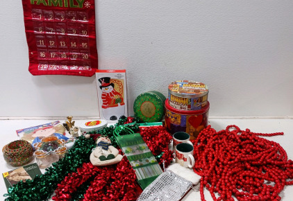 Various Christmas Decor, Mugs, Tins of Verious Sizes, and More