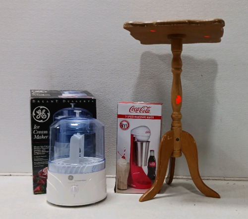 GE Ice Cream Maker, Coca-Cola Shake Make (in original box w seal sticker), 25inWooden Side Table