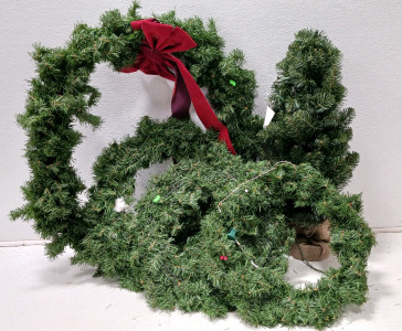 (3) Small Wreaths, A Large Wreath and Small Christmas tree prelit