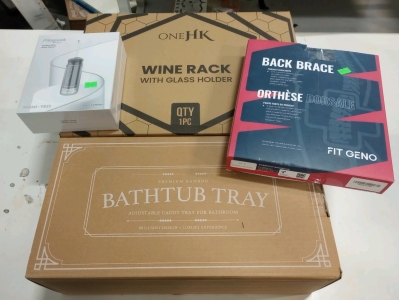 1) Gloss Black Wine Rack, (1) Bamboo Bathtub Tray, (1) XL Back Brace and (1) Cordless Water Flosser (sp12)