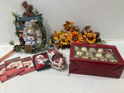 Assorted Christmas Decor, Wreath, Ornaments, Christmas Cards, Yarn and more!