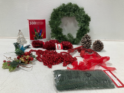 Box full of Christmas Decor, Garlands, Bows, Wreath, Lights, and more!