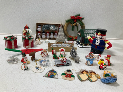 Box Full Of Christmas Decor, Ornaments? snow Globes, Candle Holders and more!