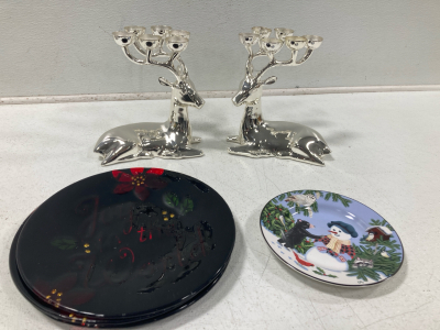 Traditions Rainbow Candle Holders, (3) Joy in the World Glass Christmas Plates, (2) Snowman Christmas Plate