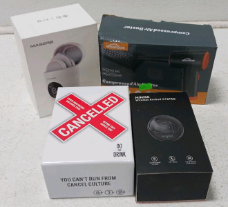 Miniso Wireless Earbuds, Masgre Massager, Compressed Air Duster, Cancelled Game