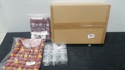 (1) Box of Solar Christmas Lights (1) Box of 9 Silver/Transparent Ornaments (1) Womens Christmas Pajamas (Size M 8-10) (1) Christmas Table Runner