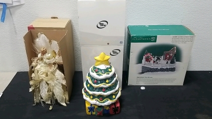 (1) AVON Light up Angel Figurine (1) Christmas Tree Cookie Jar (1) DEPARTMENT Village Animated "Photo With Santa