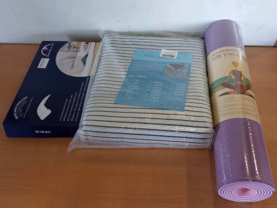 (1) White and Black Stripped Sun Shade 13'x13' (1) Magic Back Stretcher (1) Purple Eco-Friendly Yoga Mat & Box of Amazon Returns