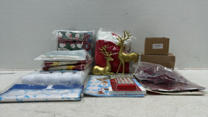 XXL Santa Costume, (2) Gold Deer Decoration, (24) Christmas Gift Boxes, Gnome Christmas Ornaments, (30) Artificial Snowballs, Assorted Christmas Tree Ornaments, and More