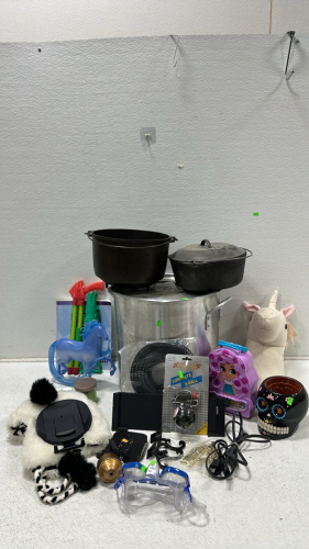 Apple TV (No Remote), Microsoft Surface Docking Station, Large Cooking Pot, (2) Cast Iron Pots, Fishing Reel, Diving Goggles, Panda Stocking Cap, Kids Toys, Home Decor, and More(5000)