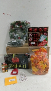 (1) Amazon Overstock Box (1) Christmas & Thanksgiving Decor Lot - Wreath, Ornaments & More