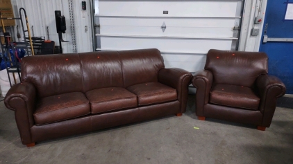 (1) Brown Leather Couch w/ (1) Brown Leather Couch Chair Made by Leather Company