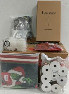 (1) Amazon Overstock Box (1) Holiday Decor Bundle - Grinch Mat, Wired Ribbons & More