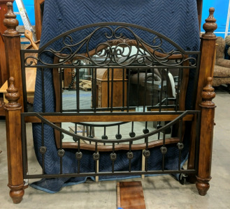 (1) Queen Bed Frame w/ Metal & Wood Design (1) Mirror