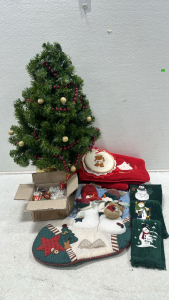 Small Christmas Tree, Box of 50+ Miniature Ornaments, Teddy Bear Stirching Art, Large Christmas Stocking, (3) Snowman Hand-Towels, Santa Blanket