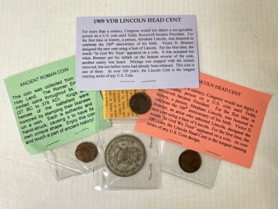 Vintage Lincoln Head Cents, Mexican Silver Coin, and Ancient Roman Coin