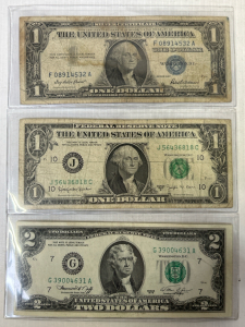 Old Silver Certificate, Scarce Barr Note, and 1976 Bicentennial $2 Note